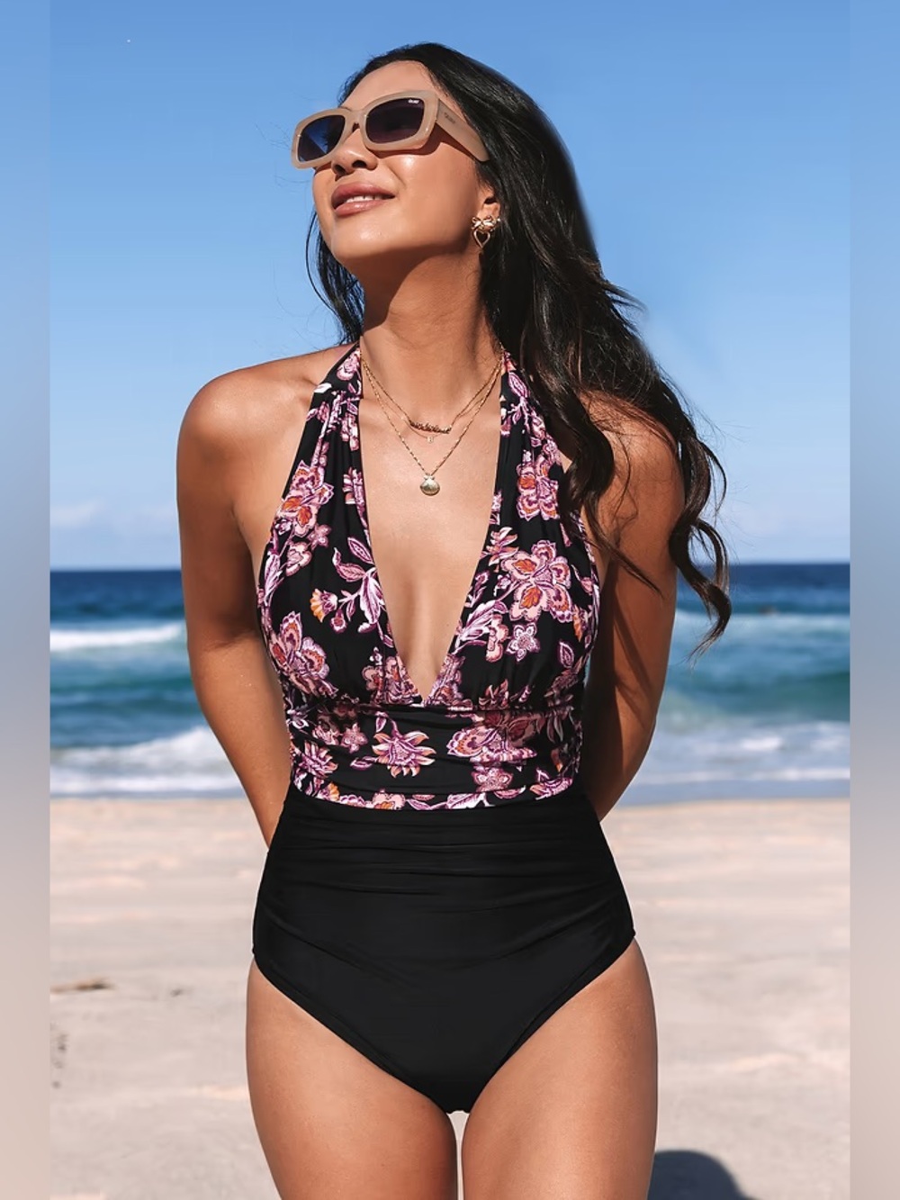 Cupshe Black & Pink Floral Halter One-Piece Swimsuit